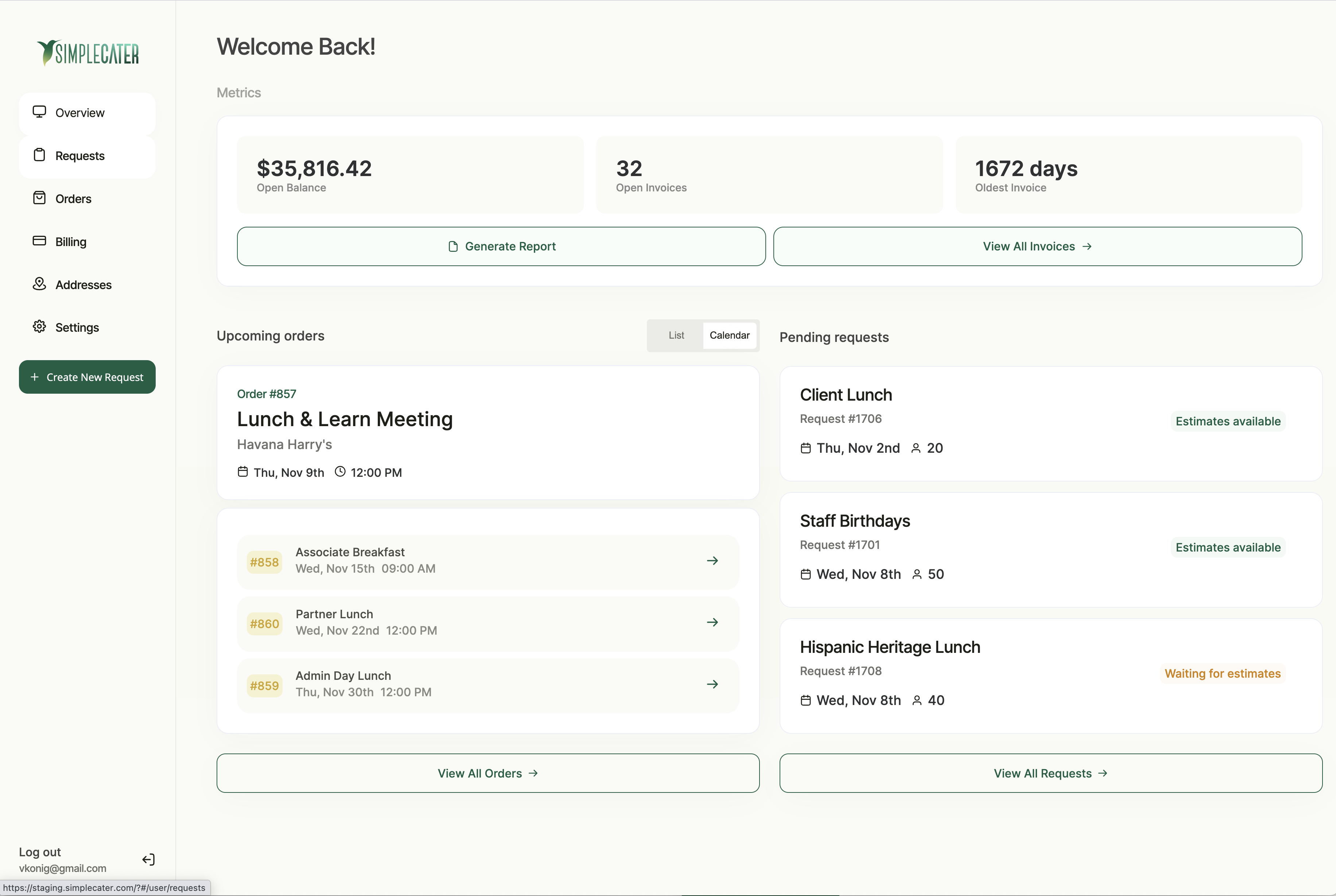SimpleCater Dashboard
